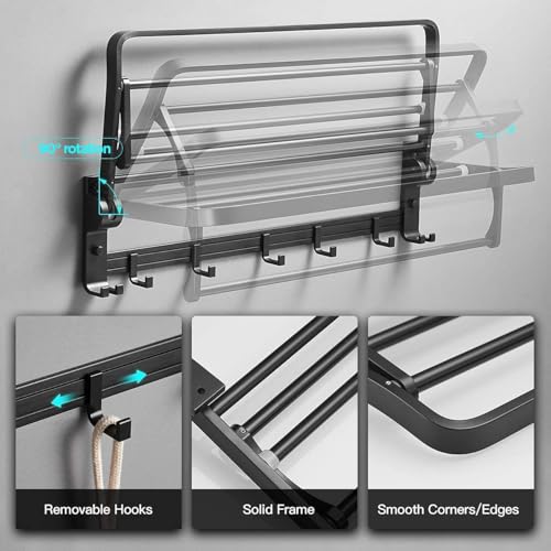 Image of Towel Holder in Bathroom Towel Hanger for Wall Bathroom Towel Rack with Towel Bar and Hooks 60cm Foldable Towel Rod Wall Mounted Lavatory Towel Stand Black Finish