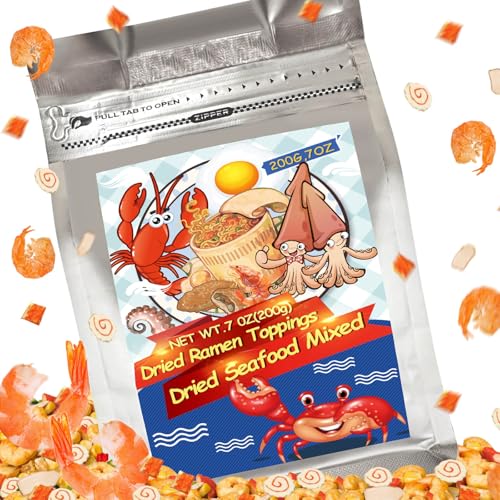 Mixed Dehydrated Freeze-Dried Seafood Ramen Topping, 7 Oz Dried Dehydrated Seafood Ramen Toppings for Ramen Noodles, Soups, Cooking, Emergency Supply, Shrimp, Squid, Imitation Crab, Egg, Narutomaki