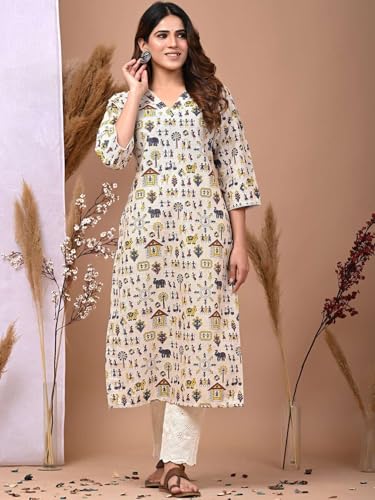 Image of Rimeline Women's Cotton Tribal Printed Kurta with V-Neck | Straight Fit Ethnic Kurti for Casual, Office