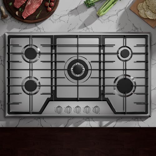 36 Inch Gas Cooktop Stainless Steel with 5 Sealed Burners, Drop-in Stovetop with Cast Iron Grates, NG/LPG Convertible, 38000 BTU by COOKTOP - Image 3