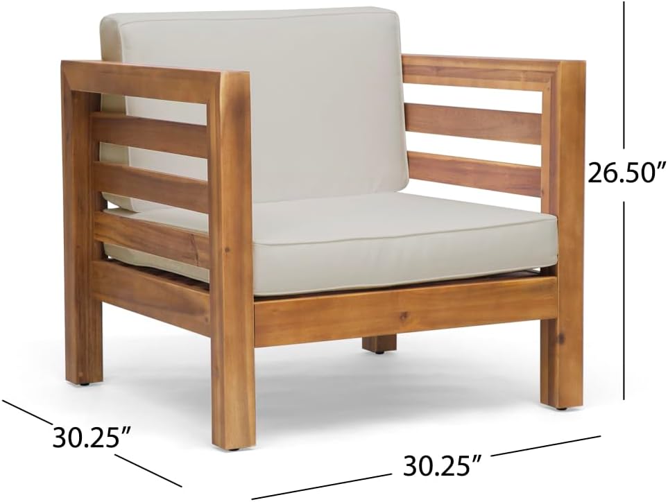 Club Chair,mid-Century Modern Design,Acacia Wood Frame and Shagreen Outdoor Cushions,Waterproof (Beige + Acacia Wood + Fabric)