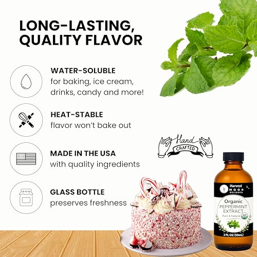 Image of Organic Peppermint Extract for Baking, Ice Cream, Drinks, and Candy - 2 oz - Water-Soluble - By Harvest Moon Delights - Pure Peppermint Flavoring, Mint Extract