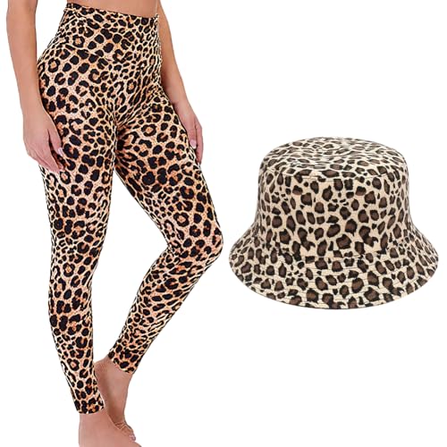 GlibberToy Leggings De Mujer Con Estampado De Leopardo y Gorro De Pescador 2 Piezas, Leggings De Cintura Alta, Gorro Con Estampado De Leopardo Para Deporte y Fitness