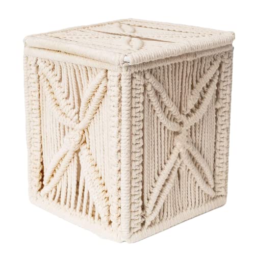 Livalaya Macrame Tissue Box Cover Square Cute Boho Tissue Box Holder, Macrame Napkin Tissues Organizer Toilet Paper holder or Tissues Cube box cover for Bathroom vanity, Bedroom Night Stand Home Décor