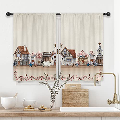 Riyidecor Country Hearts And Stars Kitchen Curtains 55X39 Inch Rod Pocket Short Small Farmhouse Farm House Sheep Rustic Western Vintage Living Room Bedroom Window Drapes Treatment 2 Panels #TOP15