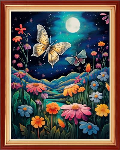 Image of Funxvoot Stamped Cross Stitch Kits Beginners Full Range of Embroidery Kits for Adults 11CT Embroidery Patterns Needlepoint Kits Printed Cross Stitch Kits-Butterfly Night Scenery 16x20 inch