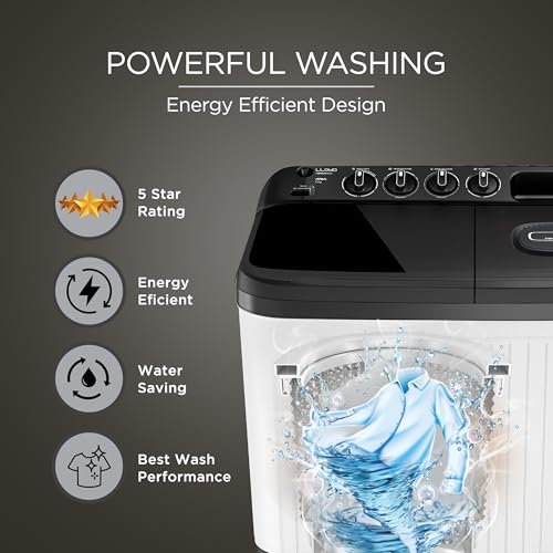 Image of Lloyd 8 kg 5 Star Semi Automatic Top Load Washing Machine |1300 RPM | Detergent Storage Zone | 3 Wash Programs | Swift Dry | Magic Filter, (GLWS805AODDG, Dark Grey and White)