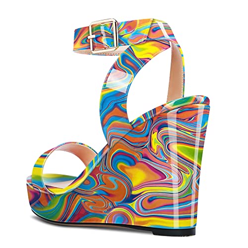 Image of Aachcol Women Platform Wedge Sandals Round Peep Open Toe Ankle Strap Slingback Two-Piece Chunky Block High Heel Dress Shoes Pumps Party Patent 4 Inch