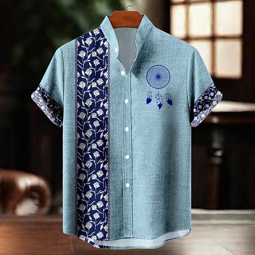 Men's Ethnic Button Down Shirt, Ethnic Print Hawaiian Short Sleeve Retro Casual Stand Collar Shirt with Pocket2