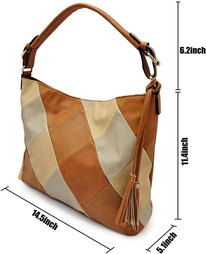 XingChen Hobo Bags for Women Patchwork Color Faux Leather Large Purses and Handbags Hobo Purse with Tassel