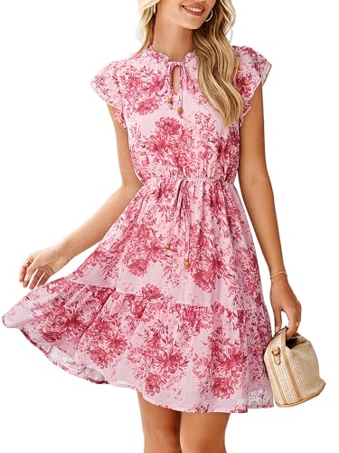 Image of Simplee Womens Summer Dress 2026 Ruffle Short Sleeve Floral Boho Dress V Neck A-line Drawstring Mini Dress with Pockets