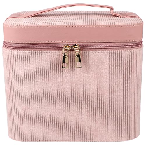 ibasenice Multi-Purpose Makeup Bag Dual-Layer Corduroy Cosmetic Case with Mirror Pink Creative Fashionable Storage for Personal Home Use and Travel
