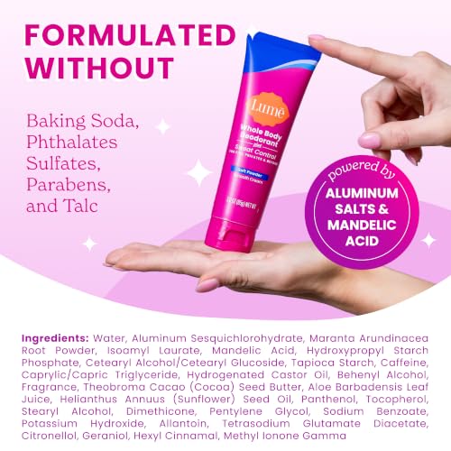 Image of Lume Whole Body Deodorant Plus Sweat Control - Smooth Cream Tube - 72 Hour Odor And Sweat Control - Baking Soda Free, Skin Loving - 3.0 ounce (Soft Powder)