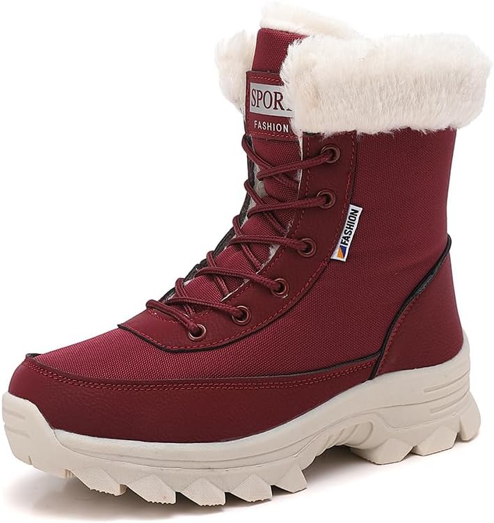 Snow Boots Women Mid-Calf Warm Waterproof Anti-Slip Ankle Boots Winter Lace-up Booties Deep Tread Rubber Sole Faux Fur Lined Hiking Outdoor Comfortable