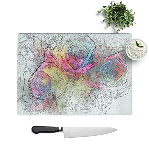 Multi-Coloured Rainbow Roses in Abstract Toughened Glass Chopping Board Kitchen Worktop Saver Non-Slip, 39 x 28.5 cm