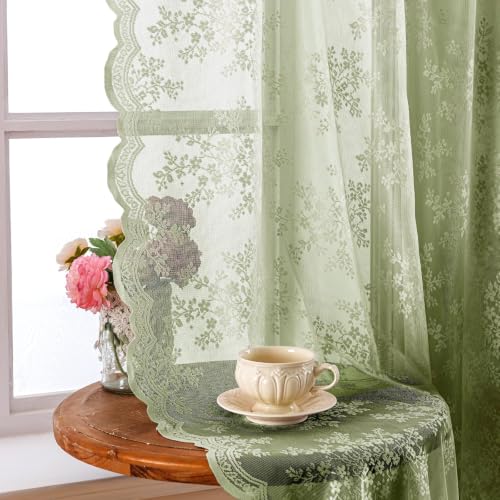 Rideaux Dentelle Vintage 84 Pouces Longueur 2 Panneaux Auto-Adhésif & Tringle, 52×84 Vert Sauge, Fleurs Romantiques Festonnées