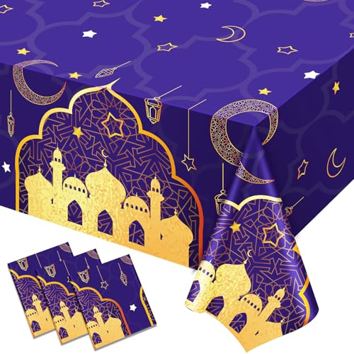 3-piece Purple and Gold Tablecloth Set - 42.5 x 70.9 Inch Plastic Table Covers for Birthday Party Decorations, Nights Theme Supplies by Tatuo - Used condition - US$6.05