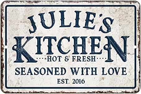 Personalized Vintage Distressed Look Kitchen Seasoned with Love Metal Room Sign (8x12 Inches)