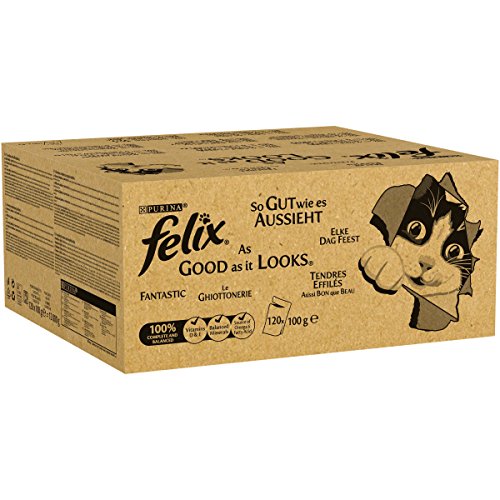 Felix Cat Food As Good As It Looks in Jelly with Beef, Chicken, Cod and Tuna (120 x 100 g Bag)
