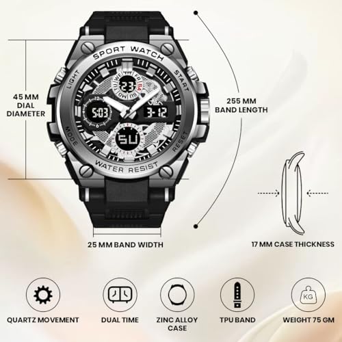 Image of V2A Stryke-TERRAX 5220 Analog-Digital Sports Watch for Men | Bold 3D Dial Design | 50M Waterproof Quartz Watch with Alarm, Stopwatch, Day-Date & Backlight | Rugged Everyday Performance