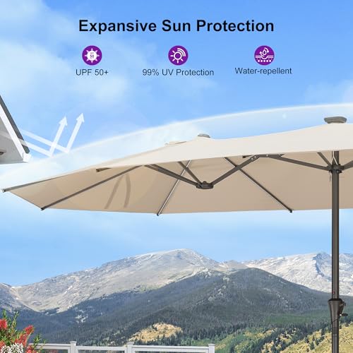 Image of PURPLE LEAF 14ft Patio Umbrella with Solar Lights Outdoor Double-Sided Market Umbrella with Base Included Rectangle Table Umbrella for Pool Garden Backyard, Khaki