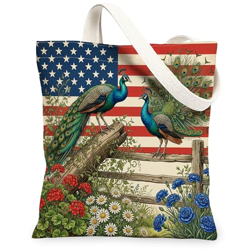 Bolsa de lona con diseño de pájaros de pavo real para compras, 13 x 15 pulgadas, vintage, floral, americana, reutilizable, para mujer, diseño de granja, decoración de regalo