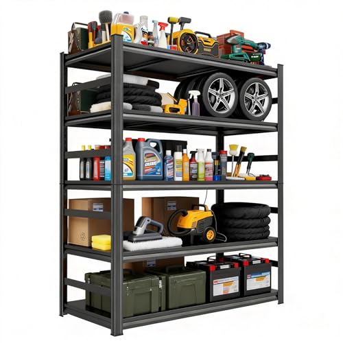 Image of Heavy Duty Garage Shelving, 87 inch H x 47.2 inch W x 23.6 inch D, 3000 lbs Load Capacity, Sturdy Steel Metal Shelves for Storage, Industrial Black 5-Tier Shelving Rack for Garage, Basement, and Workshop