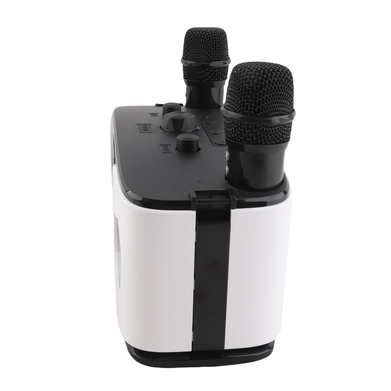 Máquina de Karaoke con 2 Micrófonos Inalámbricos, Altavoz Dual y Micrófono BT, Conjunto KTV con Efectos de Luz RGB para Fiestas en Casa Al Aire Libre (Blanca)