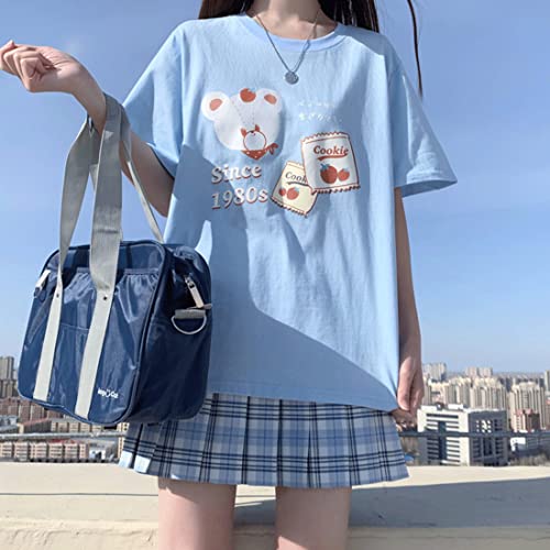 Image of Japanese Harajuku Style Kawaii Pastel Goth Fashion Crewneck Cartoon Little Bear with Cookies Print T-Shirt XL Blue