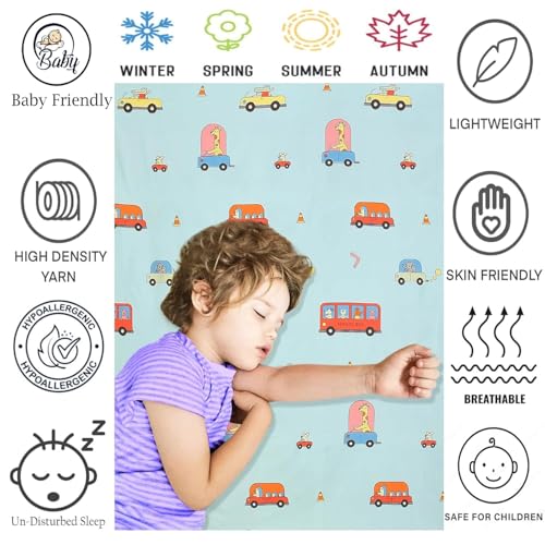 Image of RD FABS Glace Cotton Wrinkle Free Soft Hypoallergenic Bed Sheet with 2 Pillow Cover | Cartoon Printed | Double Bed King Size Kids Bedsheet (90x95 Inches /Aqua /Bus) 144 TC