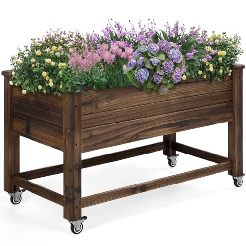 Image of OIPRTGFJ Cedar Wood Outdoor Raised Garden Bed Planter Box with Locking Wheels, 41x21x20 inch, Carbonization Color