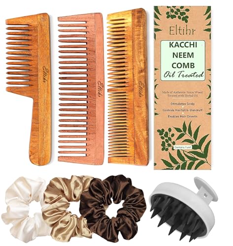Image of Pack Of 7 Kacchi Neem Comb, Wooden Comb | Hair Growth, Hairfall, Dandruff Control | Hair Straightening, Frizz Control | Comb for Men, Women | Treated with Oil and herbs (All Combo)