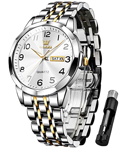 OLEVS Herrenuhren Weiß Gold Silber Business-Kleid Luxus-Armbanduhr Luminous Leicht zu lesen wasserdichte Edelstahluhr für Männer