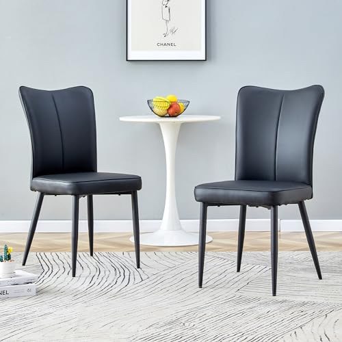 HAIZAO Black Leather Dining Chairs Set of 2, Butterfly Back Mid Century Modern PU Leather Dining Chairs, Upholstered Kitchen Dining Room Chairs, Ergonomic Back Dining Chair Black Metal Legs