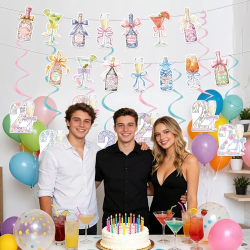 Image of Happy 21st Birthday Decorations - 10PCS Champagne Wine Bottle Martini Drinks Party Banner Hanging Swirls Decor, Happy 21 Twenty-One Years Old Bday Party Supplies for Women Men