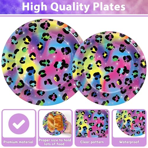 Image of 96Pcs Neon Rainbow Leopard Birthday Party Supplies Cheetah Party Plates and Napkins Neon Rainbow Leopard Party Disposable Tableware Decorations for Neon Baby Shower Party Favors for 24 Guests