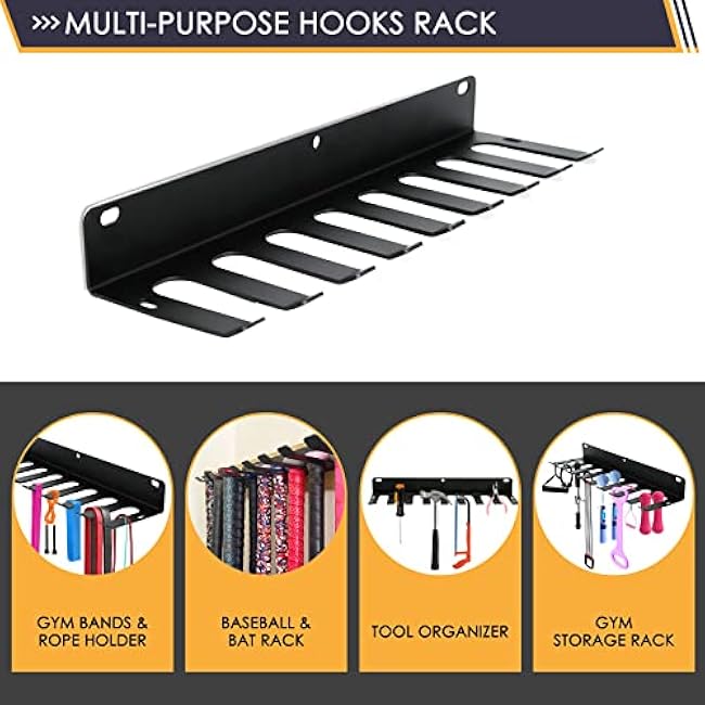 Aolamegs Home Gym Storage Rack - Heavy-duty 9 Hook Fitness Equipment Storage And Organization Workout Gear Wall Mount Hanger, Home Gym Accessories For Barbell, Kettlebells, Dumbbells