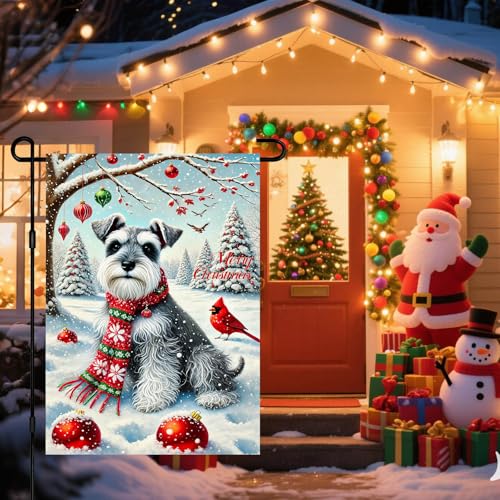 Image of BlissYard Winter Garden Flag Schnauzer Cardinal Snow Scene 12 x 18 Inch | Schnauzer and Cardinal, Snowy Tree Scene, Winter Yard Decor, Lawn, Porch, Patio, Garden, Seasonal Outdoor Flag