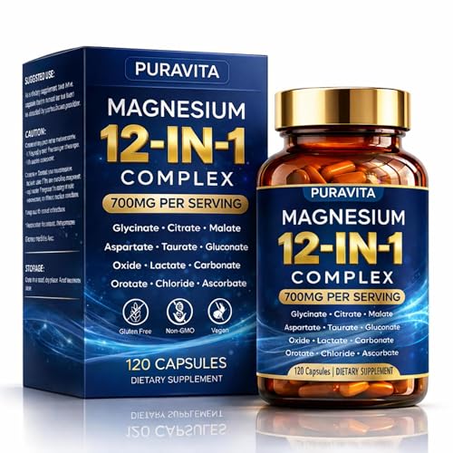 Puravita Magnesium Complex Puravita 12 in 1 Magnesium Supplement 700mg with Glycinate Citrate Malate Oxide Taurate & More High Absorption for Muscle Nerve & Sleep Support 120 Capsules