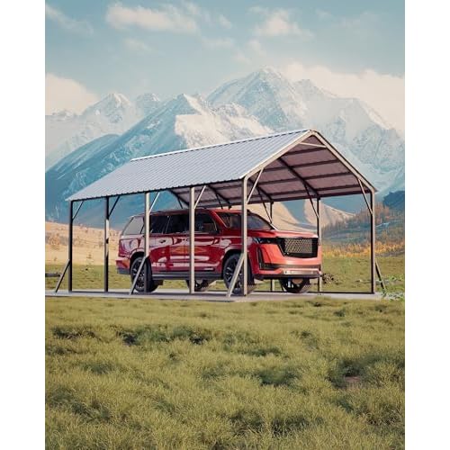 Garvee 13x21 ft Metal Carport Kit, 120° Steep-Pitch Vertical Roof for Snow Shedding, 133" High-Clearance Full-Sized Pickup & Van Shelter, Heavy-Duty