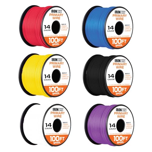 Iron Forge Cable 14 Gauge Primary Automotive Wire - 6 Roll Assortment Pack - 100 Ft of Copper Clad Aluminum Wire per Roll - for Home or Automotive