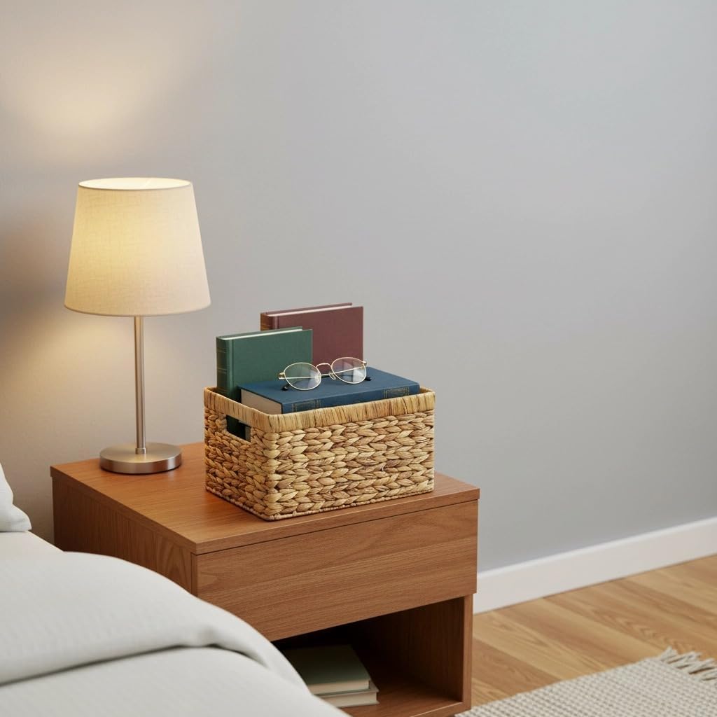 Set of 4 Water Hyacinth Storage Baskets, Handwoven Wicker Bins with Built-In Handles – Pantry & Kitchen Organizer Baskets for Shelves, Bathroom, Living Room Décor