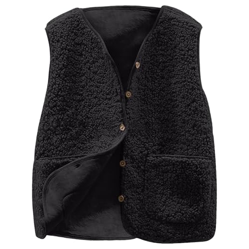 Weste Damen Ärmellose Fleeceweste V-Ausschnitt Knöpfen Fleece Teddy Weste Kurz Leicht Casual Einfarbig Damenweste Herbst Winter Warm Plüschweste 07-Schwarz S