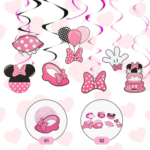 Image of Pre-Strung Black Pink Birthday Hanging Swirl Decorations,Mouse Birthday Party Ceiling Streamers,Pink Mouse Theme Party Supplies,Party Favors for Girls Kids(38 Pcs)