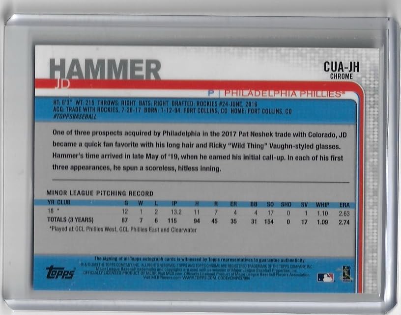 JD Hammer Autographed Rookie Card Chrome Baseball Card - 2019 Topps Chrome Update Baseball Card #CUA-JH (Phillies)