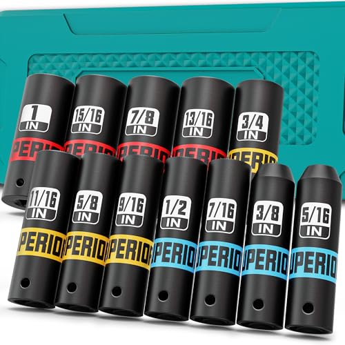 Image of 12 Piece 3 /8 inch Drive Impact Socket Set, 5 /16 inch- 1 inch Deep Socket, SAE, 6 Point, CR-V, Automotive Motorcycle and Bicycle Maintenance, Machinery Manufacturing