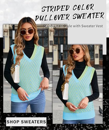 Image of MARZXIN Women Sleeveless Sweater V Neck Casual 2026 Fall Knitted Chevron V Neck Sweater Vest Color Block Pullover Sweater Top