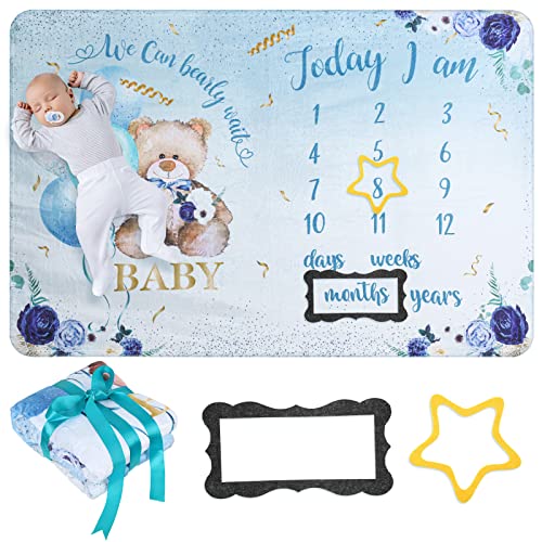 Image of Xaatren Baby Months Blanket 60'' x 40'' Milestone Blanket for Boy Bear with 2 Milestone Frame Monthly Baby Growth Chart for Newborn Age 1-12 Days Weeks Month Year