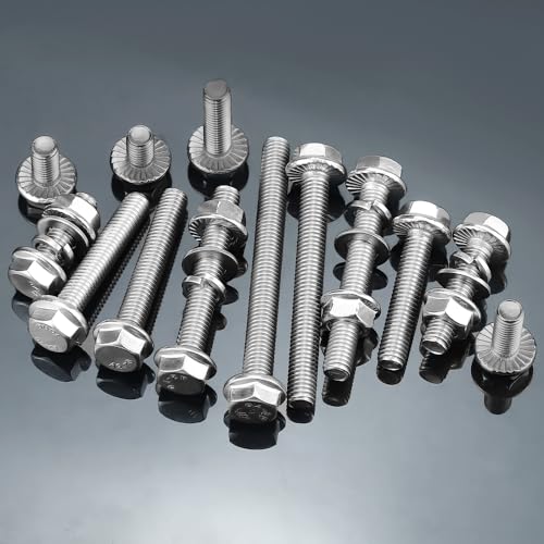 Image of M10-1.5 x 90mm Serrated Flange Hex Bolts + Flange Nut + Flat Washer + Lock Washer Combo Pack, 304 Stainless Steel 18-8, for Automotive & Machinery, 6 Sets