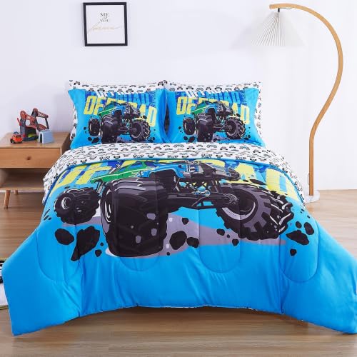 Viviland Monster Off - Road Truck 7 PCS Kids Bedding Set Full Size Comforter Sets, Bed in a Bag Cool Off - Road Adventure Theme Cover Set for Children